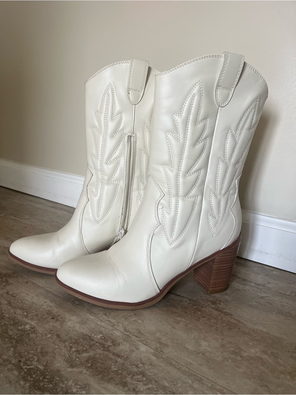 MIA White Western-Inspired Mid-Calf Heeled Boots